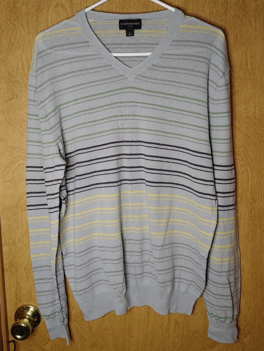 Banana Republic Light Gray V-Neck Sweater with Yellow, Green & Navy Stripes